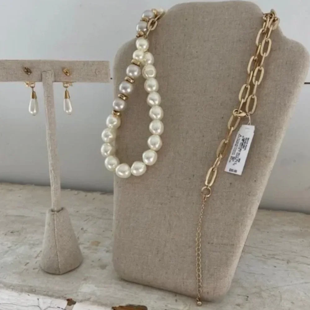Paperclip Necklace Gold Tone Pearls Brand New AND Pearl Earrings Bundle Jewelry - Picture 3 of 13